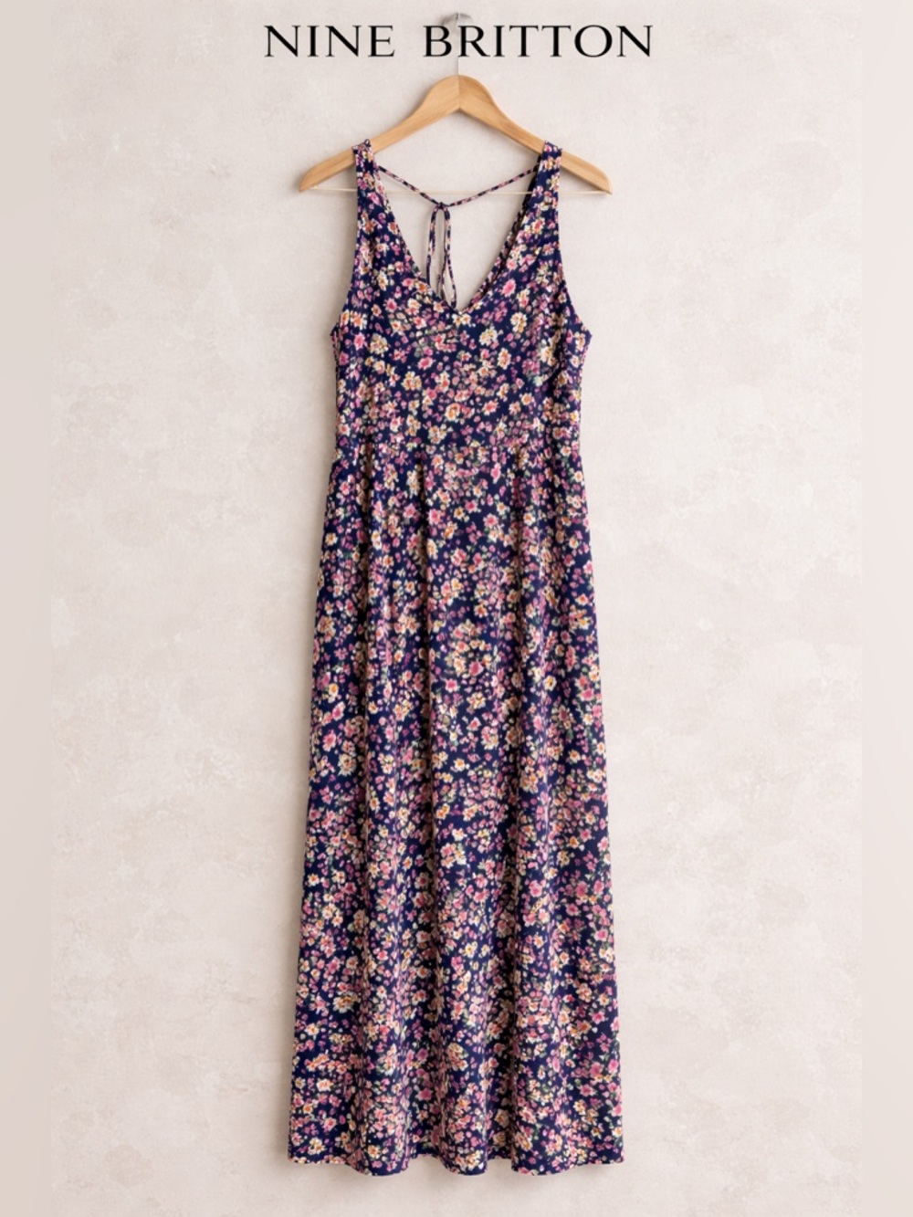 Nine Britton Anthropologie Navy Floral Maxi Dress Tie Back Size M